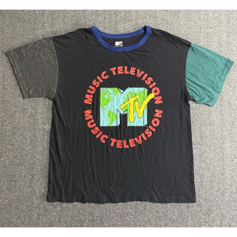 MTV Music Television Around The World Graphic T Shirt Black Mens XL Colorblock